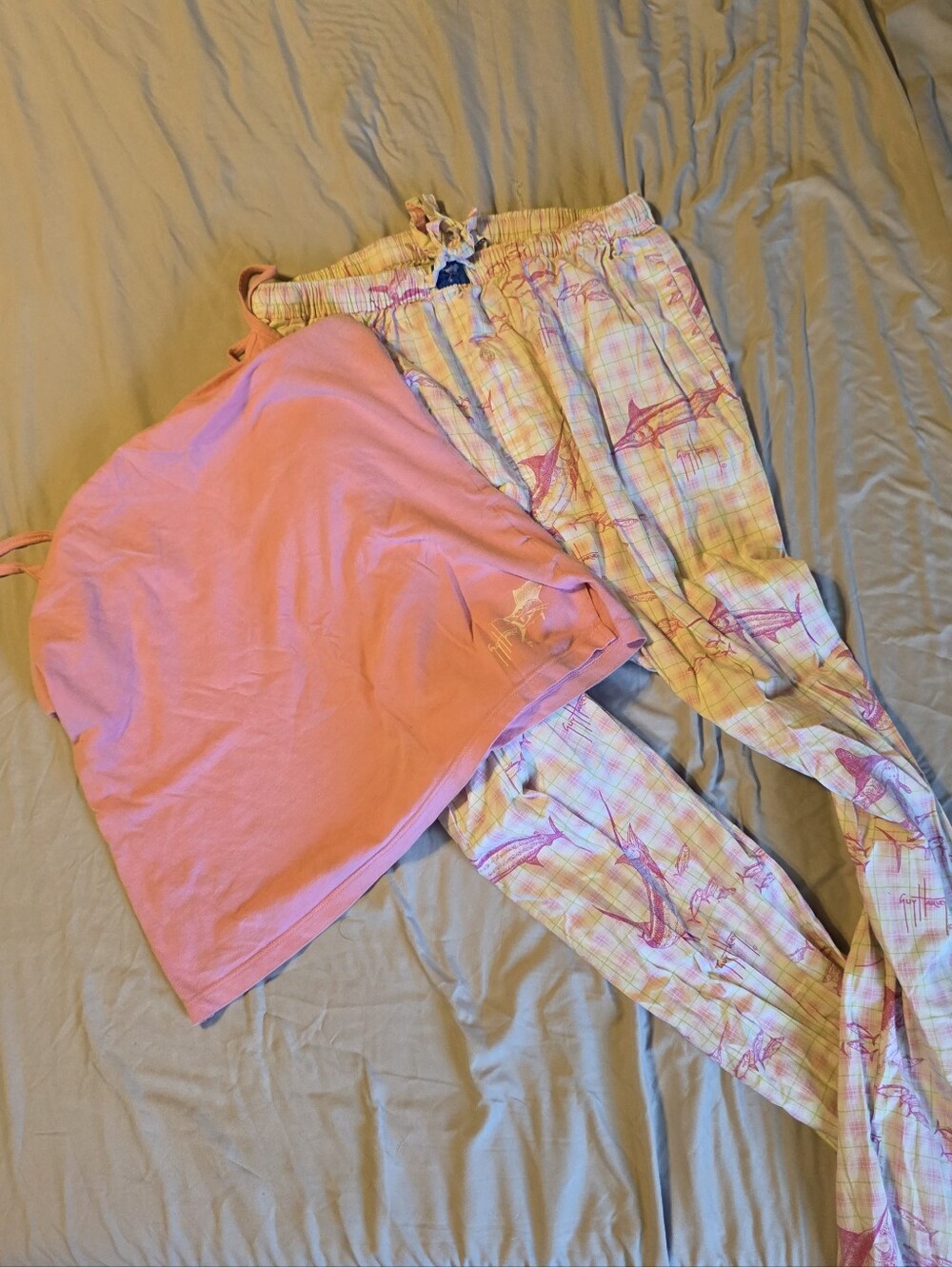Guy Harvey 100% Cotton Pink Tank with Pastel Plaid Fishing-Print Pajama Set